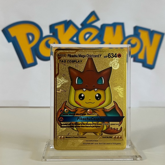 Pokemon Pikachu Mega Charizard Cosplay Gold Metal Card Fan Art HP 634 - Picture 2 of 3